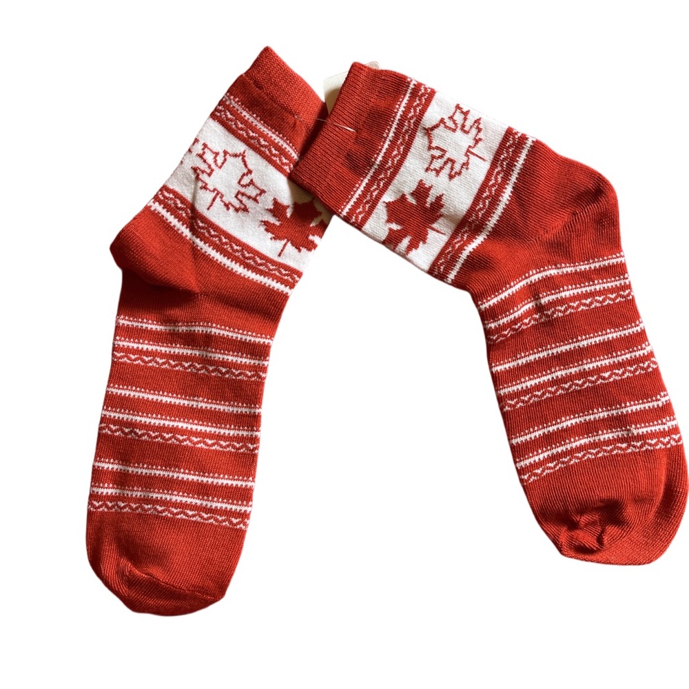 👍 Free with purchase or 2 for $15. Red and White Striped Maple Leaf Socks